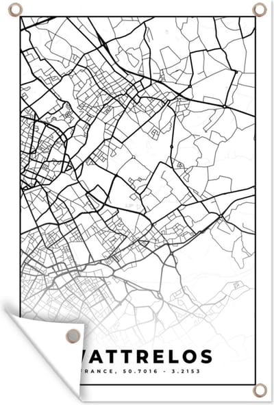 Muurdecoratie Frankrijk – Kaart – Plattegrond – Stadskaart - Wattrelos - Zwart wit - 120x180 cm - Tuinposter - Tuindoek