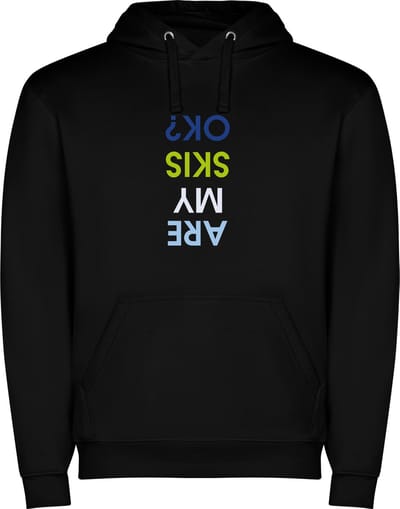 Zwarte unisex hoodie met “ Kleurrijke Are my ski's ok? - Zijn mijn skies nog in orde? (op de kop) “ Print Full Color Color merk Roly maat S