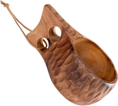Houten Mok - Drinkbeker Koffiemok - Genieten van Dranken - Dubbele Gat Handgreep - 15.5 x 6 cm - Houtkleur
