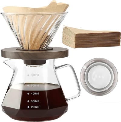 Pour Over Koffiezetapparaat - Borosilicaatglas - 600 ml Capaciteit - Inclusief 100 V02-papierfilters - Voor Thuis en Camping