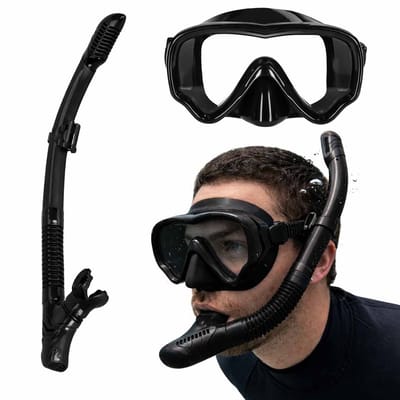 Playos® - Duikbril met Snorkel - Zwart - Met Droogsysteem - 180° Panoramisch Zicht - 15+ jaar - Verstelbaar - Waterafvoer - Waterloosventiel - Duikset - Panoramische Duikbril - Droge Snorkel - Gehard Glas - Snorkelen