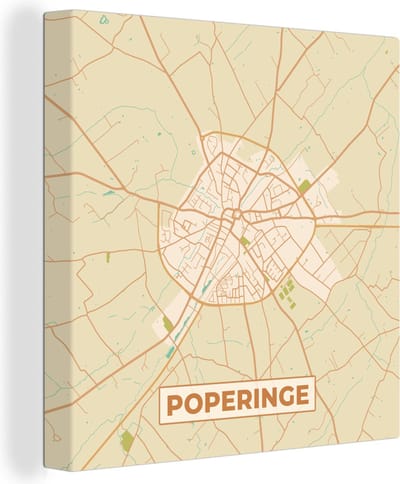 Canvas Schilderij Kaart - Stadskaart - Plattegrond - België - Poperinge - 20x20 cm - Wanddecoratie