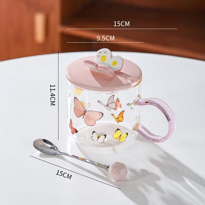 Vlinder Hittebestendig Glazen Beker Ontbijtbeker Cadeau Cadeau Hoge waarde Roze Meisjeshart Beker Mok met Deksel Lepel 501-600ml