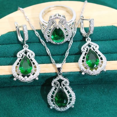 Hot Selling Groene Zirkoon Ketting Oorbellen Ring Set voor Dames 7 yards gray