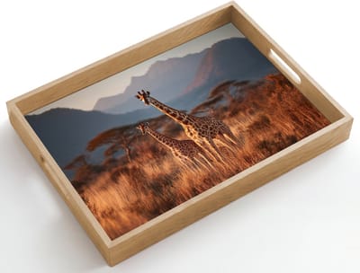Dienblad hout 50x35 cm - Schootdienblad - Giraffen - Hoog gras - Acaciabomen - Borrelplank rechthoek - Plateau dienbladen