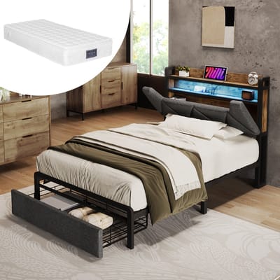 STILVORA Gestoffeerd Bed 90x200 cm - Eenpersoonsbed Met USB Oplaadfunctie En Lade - Linnen - Grijs