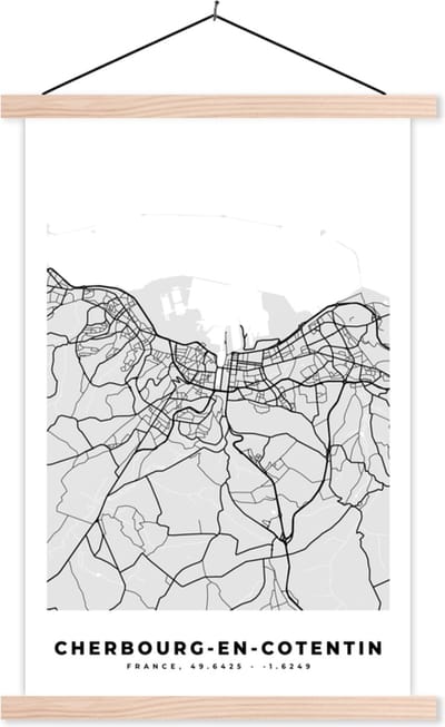 Posterhanger incl. Poster 40x60 cm - Schoolplaat - Kaart - Stadskaart - Cherbourg-en-Cotentin - Plattegrond - Frankrijk - Textielposter - Blanke latten - Stadskaart