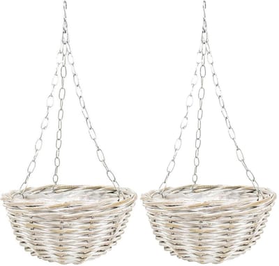 Vd Leeden Hangmand - 2x - wit - rotan – D30 cm - gevlochten - hangende plantenbak met ketting – bloempot – Handgevlochten in Indonesië