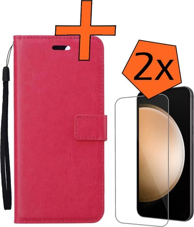 Hoes - Met 2x Screenprotector - Geschikt voor Samsung Galaxy S23 FE - Luxe Pasjeshouder - Bookcase Portemonee - Flip Case - Kunstleer Book Case - Flipcase Hoes - Book Cover - Walletcase - PortemonneeHoes - Donkerroze