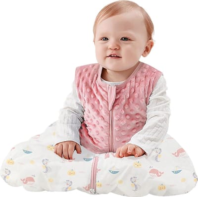Baby Slaapzak, 1.5 TOG Mouwloze Slaapzak voor Zuigeling met 2-Way Rits Winter Draagbare Wikkeldeken Pasgeboren Baby Cadeau, Roze, S(0-6 Maanden)