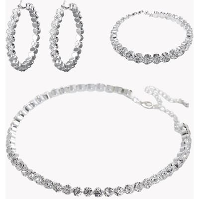 Niche Volledig Diamant Ketting Oorbellen Armband Drie Delig Set Metaal Bloem Holle Kraag Bruidsmeisje Bruid Pak Vrouwen white