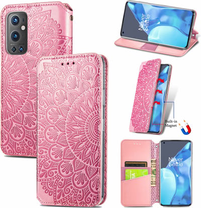 Luxe PU Lederen Blooming Mandala Reliëfpatroon Wallet Case + PMMA Screenprotector voor OnePlus 9 Pro _ Roze