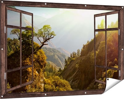 Gards Tuinposter Doorkijk Bos in de Bergen met Zonneschijn - Kleur - 150x100 cm - Tuindoek - Tuindecoratie - Wanddecoratie buiten - Tuinschilderij