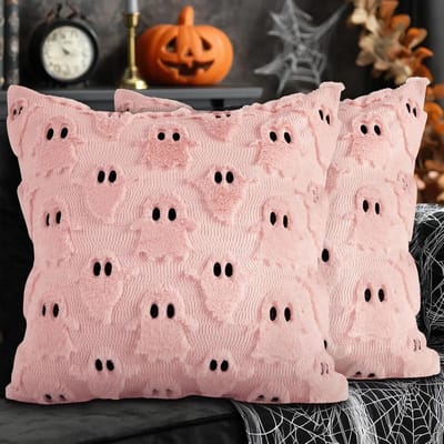 EGoods - Kussenslopen voor Halloween, 2 stuks, 50 x 50 cm, pluche, schattige geest, decoratieve kussens voor Thanksgiving, Halloween, beddengoed, bank - roze
