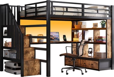 Metalen hoogslaper 140x200 - geïntegreerd bureau - boekenkast - trap met opbergruimte - twee lades - 255 x 148 x 170 cm - LED - zwart
