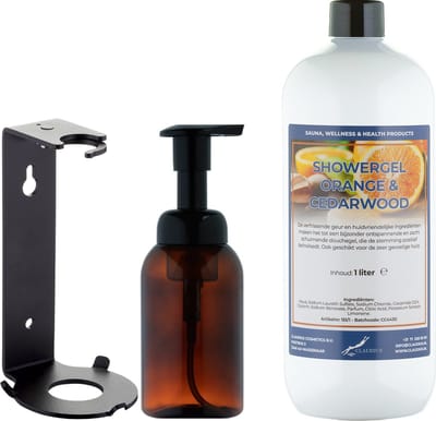Zeepdispenser 300 ml amber bruin hervulbaar + 1 liter Showergel Sweet Orange & Cedarwood navulling (inclusief beugel)