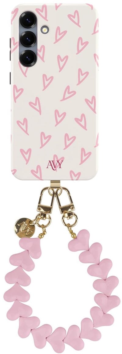 AVY Hoesje Met Telefoonkoord | Geschikt voor Samsung Galaxy S25 | Compatibel met MagSafe | Hard Shell Back Cover | Stijlvol Bijpassend Koord 30CM | Cupid Hearts | Roze