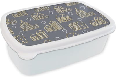 Broodtrommel Wit - Lunchbox - Brooddoos - Patronen - Gebouwen - Goud - 18x12x6 cm - Volwassenen