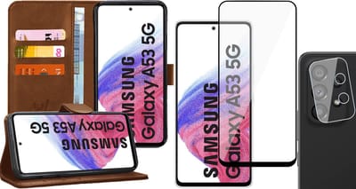 Hoesje geschikt voor Samsung Galaxy A53 - Book Case Kunstleer Wallet Cover Portemonnee Pasjeshouder Hoes Bruin - Full Tempered Glass Screenprotector - Camera Lens Protector