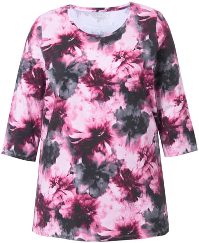 Ulla Popken - Dames - Shirt bloemendessin ronde hals 3/4-mouwen Pima-katoen - Magenta - Maat 42+
