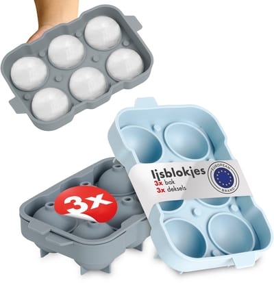 Blumtal IJsblokjesvorm Idun Set van 3 - 6 ijsblokjes - Siliconen ijsblokjesvorm met deksel - IJsblokjesvorm Balvorm - BPA Vrij - Blauw Grijs + Lichtblauw