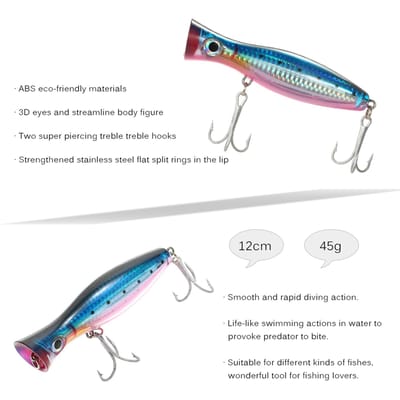 12cm   45g Grand Leurre Popper Artificiel Phoque Yeux 3D Popper Dur Leurre de Pêche avec Hameçons et Anneau pour Eau Salée Black Blue white
