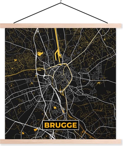 Posterhanger incl. Poster 40x40 cm - Schoolplaat - Brugge - Goud - Stadskaart - Kaart - Plattegrond - Textielposter - Blanke latten - Stadskaart