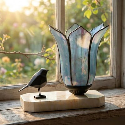 Tiffany tafellamp / sculptuur Ballade van een Vogel Gentian Blue - Art Deco Trade