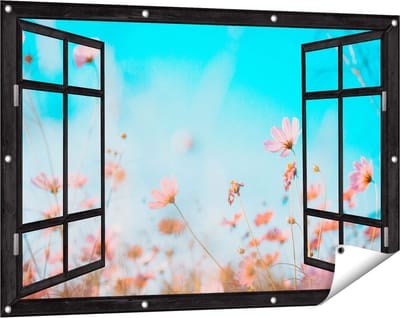 Gards Tuinposter Doorkijk Paarse Kosmos Bloemen - 120x80 cm - Tuindoek - Tuindecoratie - Wanddecoratie buiten - Tuinschilderij