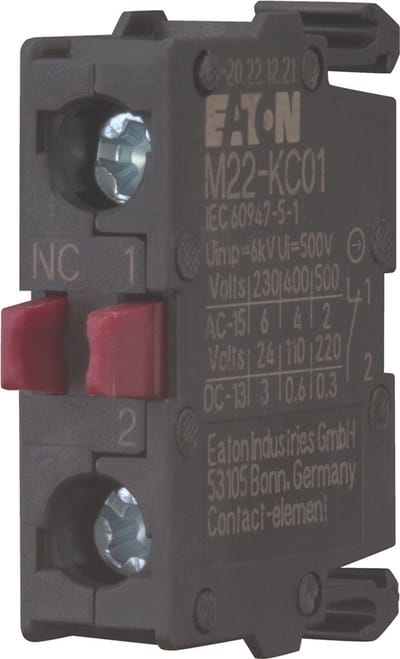 Eaton M22-KC01 Contactelement 1x NC 230 V/AC, 400 V/AC, 500 V/AC, 24 V/DC, 110 V/DC, 220 V/DC 1 stuk(s)