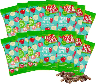 Fruitfunk Multibag strawberry & apple (12 x uitdeelzak met 10x10g fruitbites) Fruitsnoep - suikerbewust vegan snoep - gezonde traktatie kind - zonder toegevoegde suikers