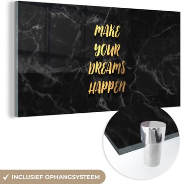 MuchoWow® Glasschilderij 40x20 cm - Schilderij acrylglas - Quote - Dream - Zwart - Goud - Foto op glas - Schilderijen