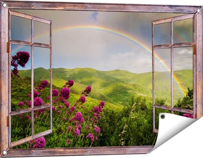 Gards Tuinposter Doorkijk Regenboog in de Heuvel Bossen - 90x60 cm - Tuindoek - Tuindecoratie - Wanddecoratie buiten - Tuinschilderij