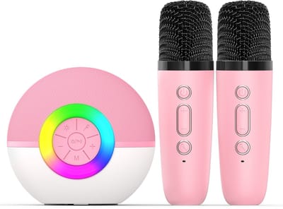 Peysaitr - Mini Karaoke Machine - Bluetooth Speaker met LED Licht & 2 Draadloze Microfoons - Voor Kinderen & Volwassenen - Feest, Verjaardag, Geschenk - Roze - 1 Set