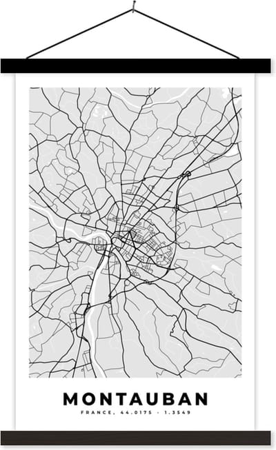 Posterhanger incl. Poster 40x60 cm - Schoolplaat - Frankrijk - Montauban - Stadskaart - Plattegrond - Kaart - Textielposter - Zwarte latten - Stadskaart