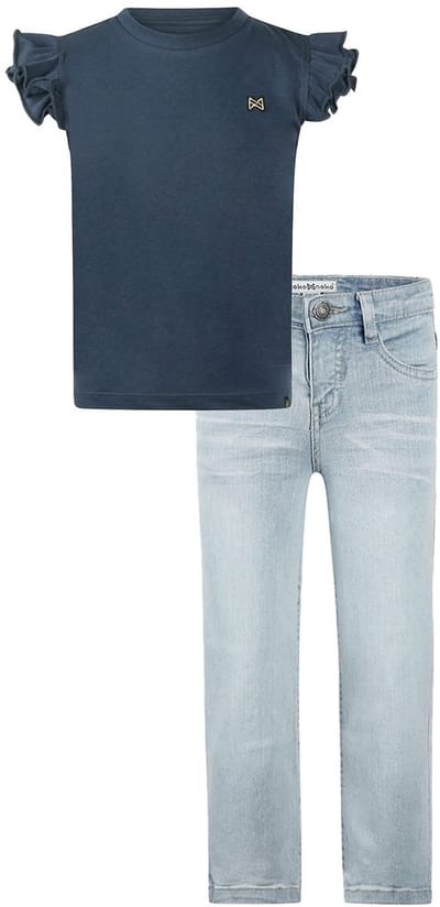 Koko Noko - Kledingset - Basic Collection - Bio Cotton - Blue Jeans Wide leg - Shirt Korte mouw Navy - Maat 92
