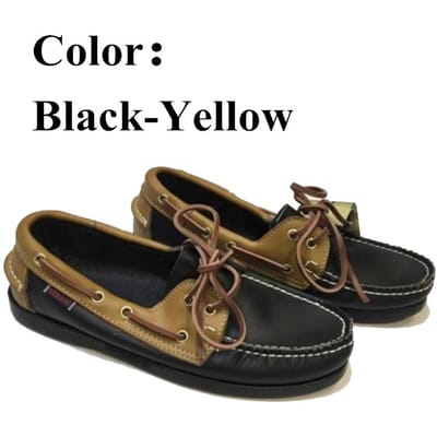 Chaussures bateau décontractées en cuir véritable pour homme et femme, mocassins plats de marque, bleu et blanc, 2022A005 44 black
