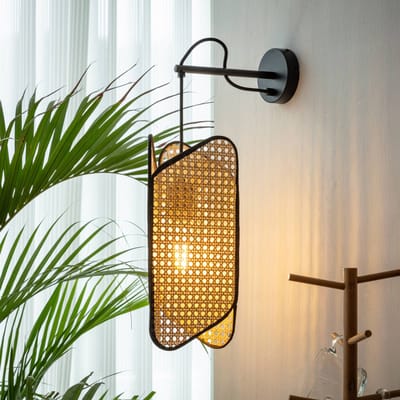 Lucande - Wandlamp design - 1licht - bamboe, ijzer - H: 53 cm - E27 - zwart, licht hout