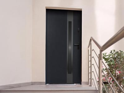 Vente-unique Massieve stalen en roestvrijstalen voordeur, 207 cm hoog x 100 cm breed - rookglas - antraciet en zwart - 55 mm dik - linksdraaiend - BRAGA