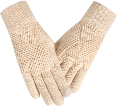Handschoenen - Warme gebreide handschoenen voor dames - Lang - Ruitpatroon - Verdikt warm breiwerk - Touchscreen-ontwerp met twee vingers - Warm en koudebestendig - Wollen handschoenen - Zacht en huidvriendelijk - Beige