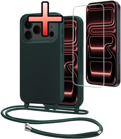 Hoes Geschikt voor iPhone 17 Pro Met Telefoonkoord Met Screenprotector - Siliconen Hoesje Backcover Met Ketting - Donkergroen