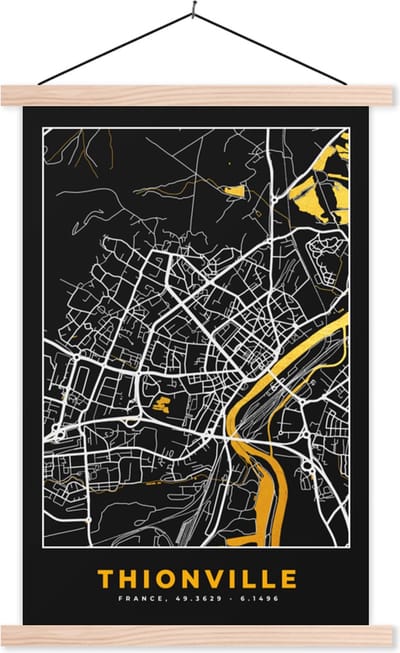 Posterhanger incl. Poster 40x60 cm - Schoolplaat - Kaart - Stadskaart - Plattegrond - Thionville - Frankrijk - Textielposter - Blanke latten - Stadskaart