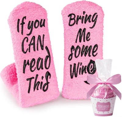 JAXY Wijn Sokken - Huissokken - Fluffy Sokken - Dikke Sokken - Bedsokken Dames en Heren - Huissokken Met Antislip Dames - Warme Sokken - Wijn Cadeau - Grappige Sokken - Grappige Cadeaus - One Size - Roze