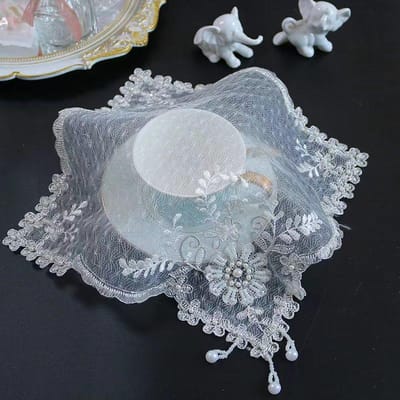 Tafeldecoratie en accessoires wit gaas kralen bloemen borduurwerk tafel placemat doek Bruiloft Kerst placemat keuken square 28cm