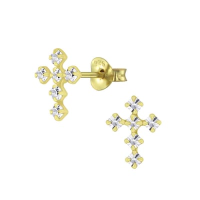 Joy|S - Zilveren kruis oorbellen - 7 x 10 mm - kristal - gold plated