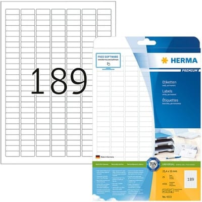 Herma 4333 Universele etiketten 25.4 x 10 mm Papier Wit 4725 stuk(s) Permanent hechtend Inkjet, Laser (zwart/wit), Laser (kleur), Kopiëren