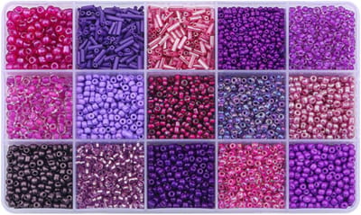 Mix 15 gekleurde glazen rocailles, buiskralen, glazen bugelkralen, losse kit voor het maken van sieraden, doe-het-zelf knutselkralen (mix 15 kleuren, paars)