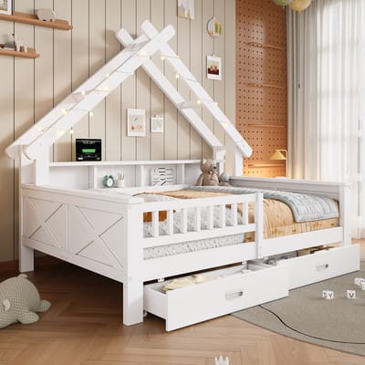 Huisbed voor kinderen 140x200 cm - wit houten kinderbed met ledverlichting - uitvalbeveiliging - planken en twee laden - hemeldak - slaapkamer