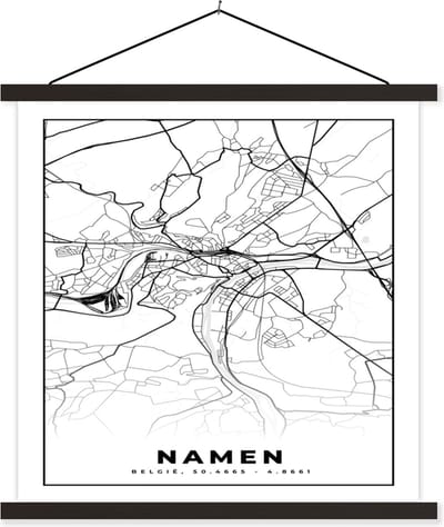 Posterhanger incl. Poster 60x60 cm - Schoolplaat - Stadskaart – Plattegrond – België – Zwart Wit – Namen – Kaart - Textielposter - Zwarte latten - Stadskaart