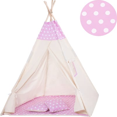 Springos Tipi Tent | Wigwam Speeltent | 120x100x180 cm | Met Mat en Kussens | Naturel Roze | Stippen